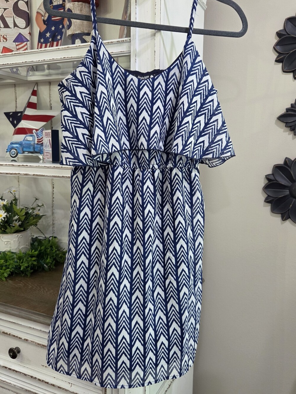 Navy and White Printed Spaghetti-Strap Dress